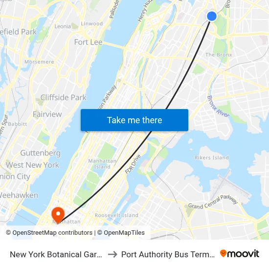 New York Botanical Garden to Port Authority Bus Terminal map
