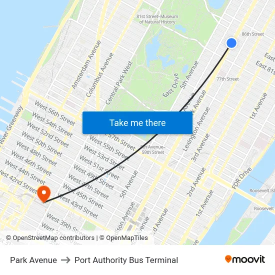 Park Avenue to Port Authority Bus Terminal map