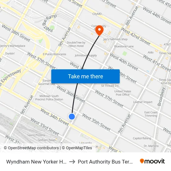 Wyndham New Yorker Hotel to Port Authority Bus Terminal map