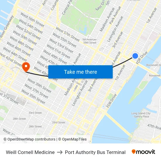 Weill Cornell Medicine, 425 E 61st St to Port Authority Bus Terminal map