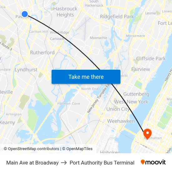 Main Ave at Broadway, Passaic, NJ 07055 to Port Authority Bus Terminal map