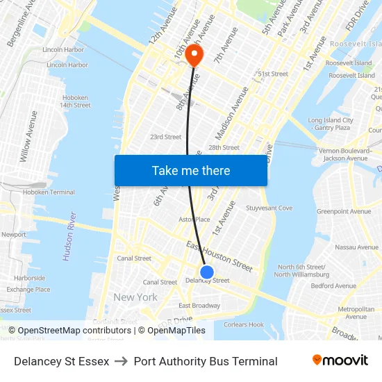 Delancey St Essex, New York, NY 10002 to Port Authority Bus Terminal map