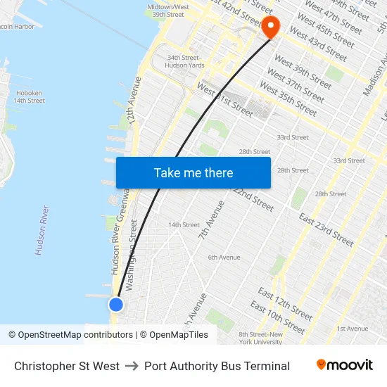 Christopher St West to Port Authority Bus Terminal map