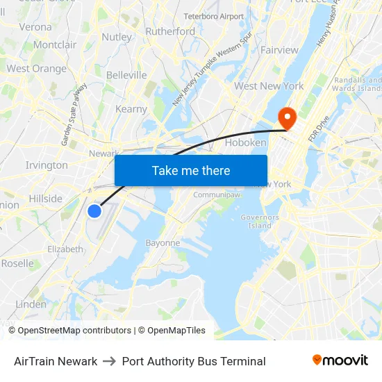 AirTrain Newark, AirTrain Newark, New Jersey, USA to Port Authority Bus Terminal map