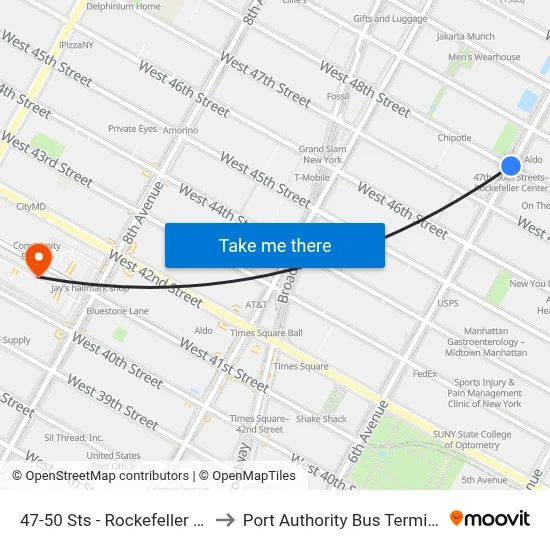 47-50 Sts - Rockefeller Ctr, 47-50 Sts - Rockefeller Ctr, New York, NY 10020, USA to Port Authority Bus Terminal map
