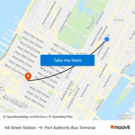68 Street Station to Port Authority Bus Terminal map