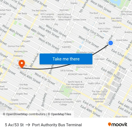 5 Av/53 St to Port Authority Bus Terminal map