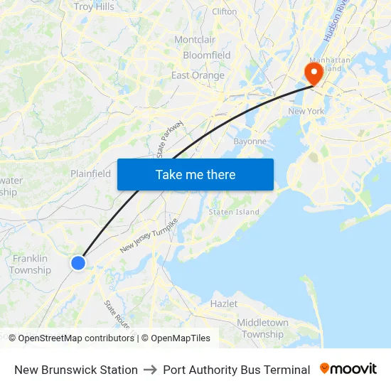 New Brunswick Station to Port Authority Bus Terminal map