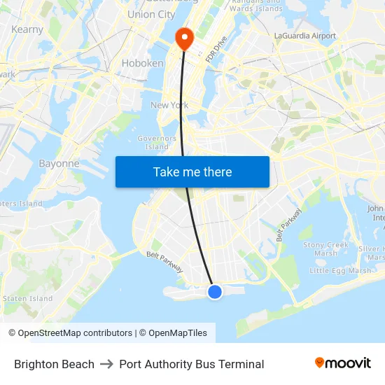 Brighton Beach to Port Authority Bus Terminal map