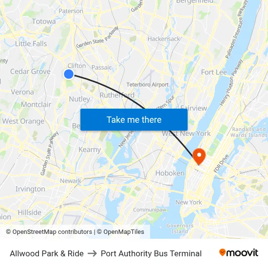 Allwood Park & Ride to Port Authority Bus Terminal map