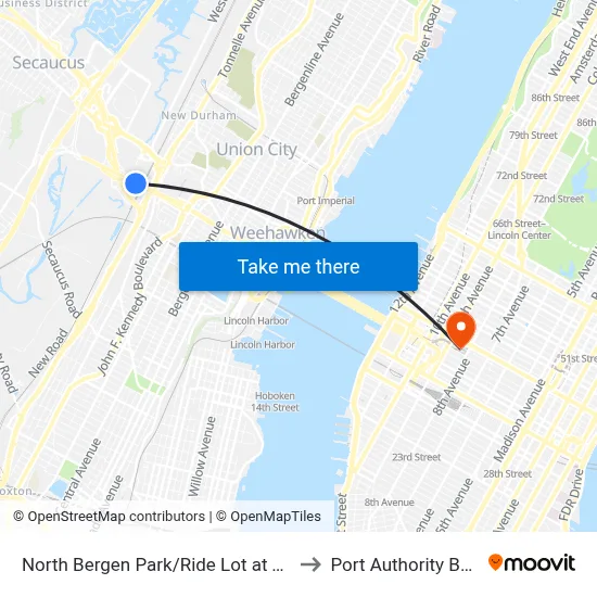 North Bergen Park/Ride Lot at Terminal Building B to Port Authority Bus Terminal map
