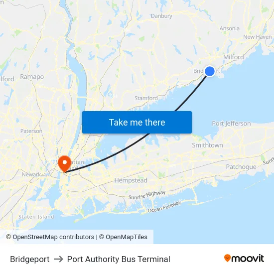 Bridgeport to Port Authority Bus Terminal map