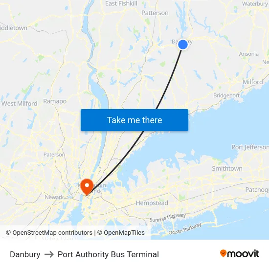 Danbury to Port Authority Bus Terminal map