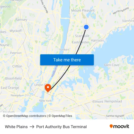 White Plains to Port Authority Bus Terminal map