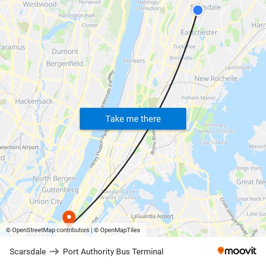 Scarsdale to Port Authority Bus Terminal map