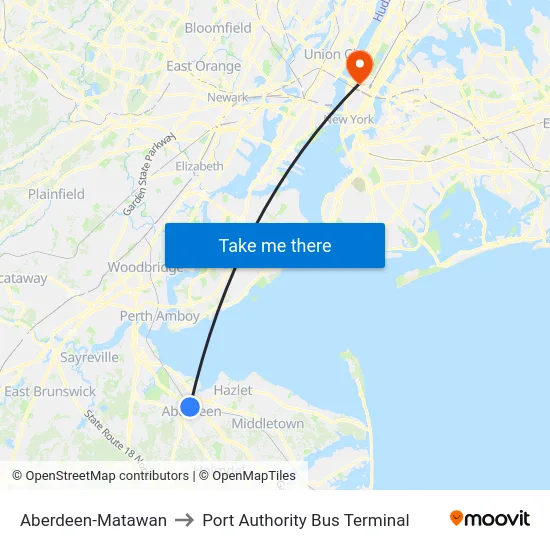 Aberdeen-Matawan to Port Authority Bus Terminal map
