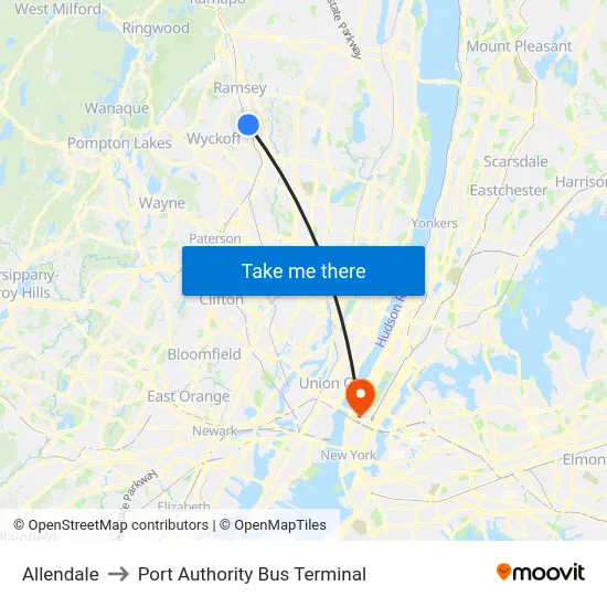 Allendale to Port Authority Bus Terminal map