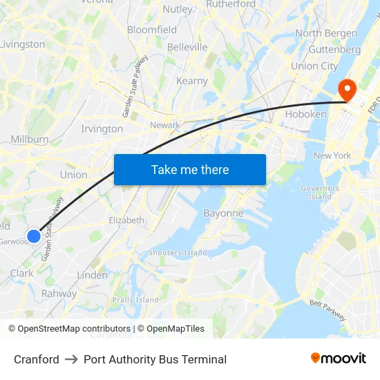 Cranford to Port Authority Bus Terminal map