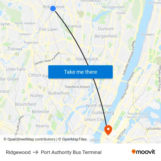 Ridgewood to Port Authority Bus Terminal map