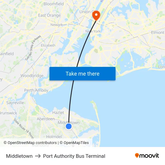 Middletown to Port Authority Bus Terminal map