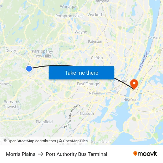 Morris Plains to Port Authority Bus Terminal map