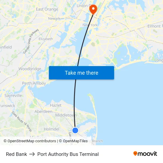 Red Bank to Port Authority Bus Terminal map