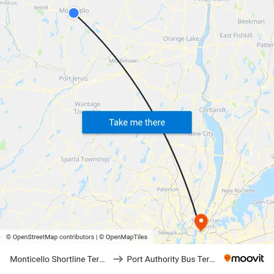 Monticello Shortline Terminal to Port Authority Bus Terminal map