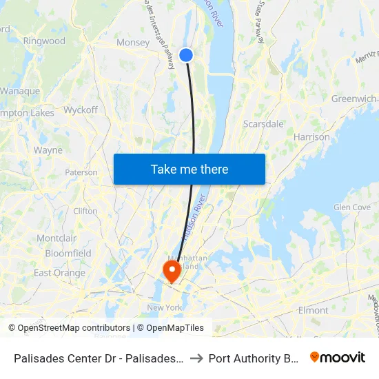 Palisades Center Dr - Palisades Center Mall Lot J to Port Authority Bus Terminal map