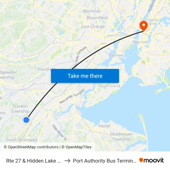 Rte 27 & Hidden Lake Dr to Port Authority Bus Terminal map