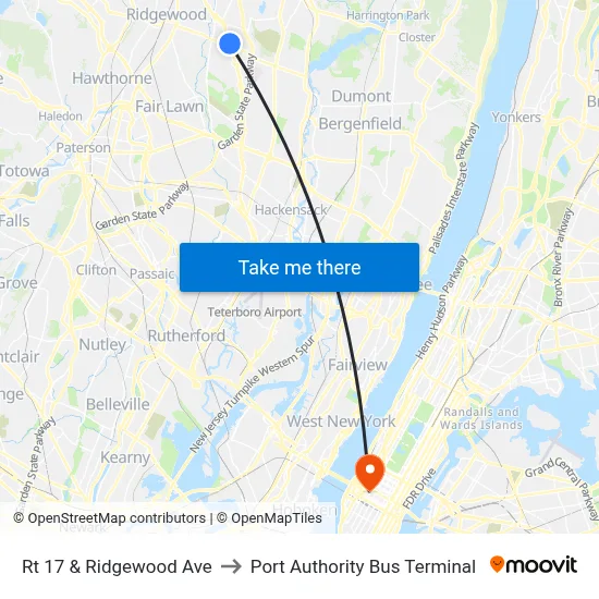 Rt 17 & Ridgewood Ave to Port Authority Bus Terminal map