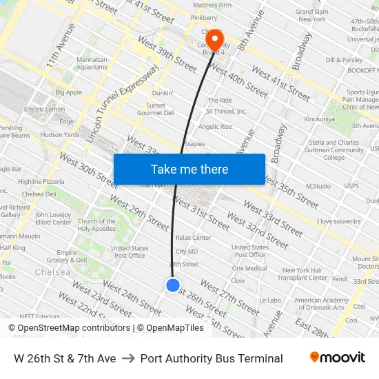 W 26th St & 7th Ave to Port Authority Bus Terminal map