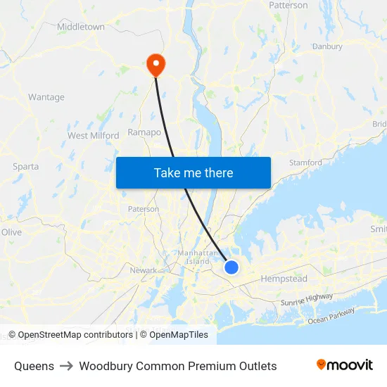 Queens to Woodbury Common Premium Outlets map