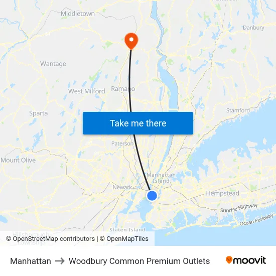 Manhattan to Woodbury Common Premium Outlets map