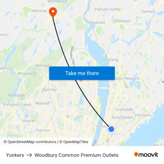 Yonkers to Woodbury Common Premium Outlets map