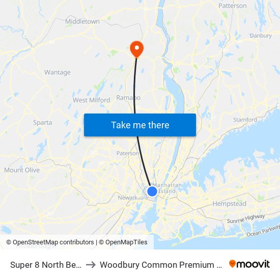 Super 8 North Bergen to Woodbury Common Premium Outlets map