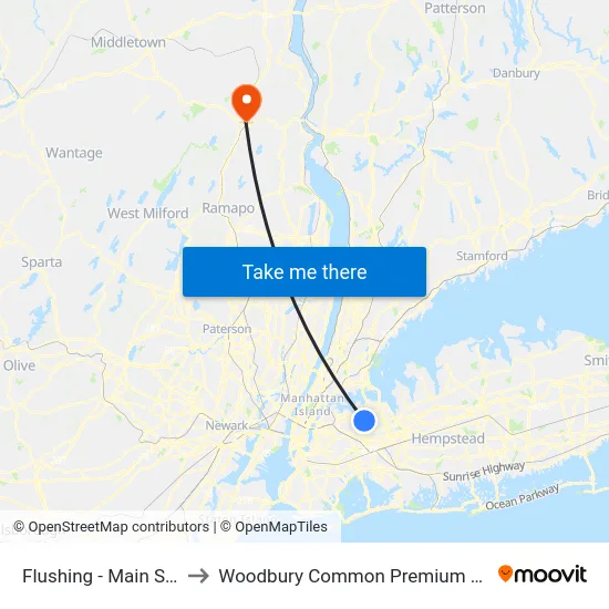 Flushing - Main Street to Woodbury Common Premium Outlets map