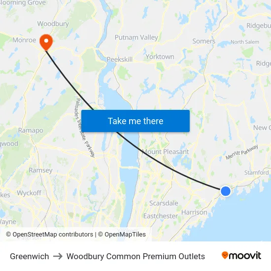 Greenwich to Woodbury Common Premium Outlets map