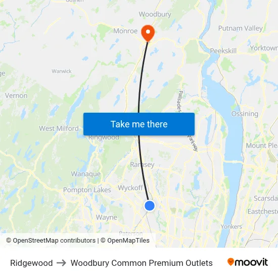Ridgewood to Woodbury Common Premium Outlets map