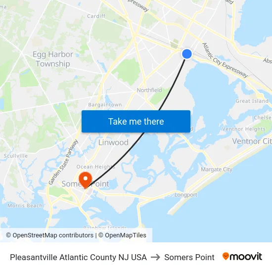 Pleasantville Atlantic County NJ USA to Somers Point map