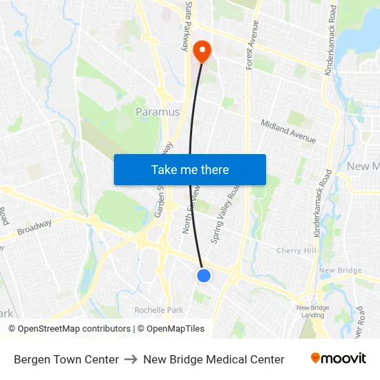 Bergen Town Center to New Bridge Medical Center map