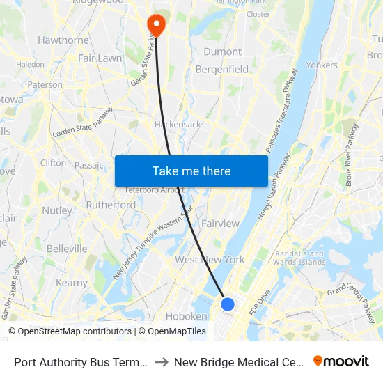 Port Authority Bus Terminal to New Bridge Medical Center map