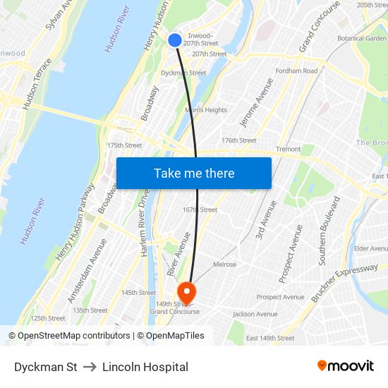 Dyckman St to Lincoln Hospital map