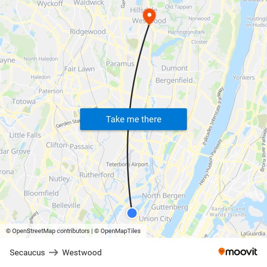 Secaucus to Westwood map