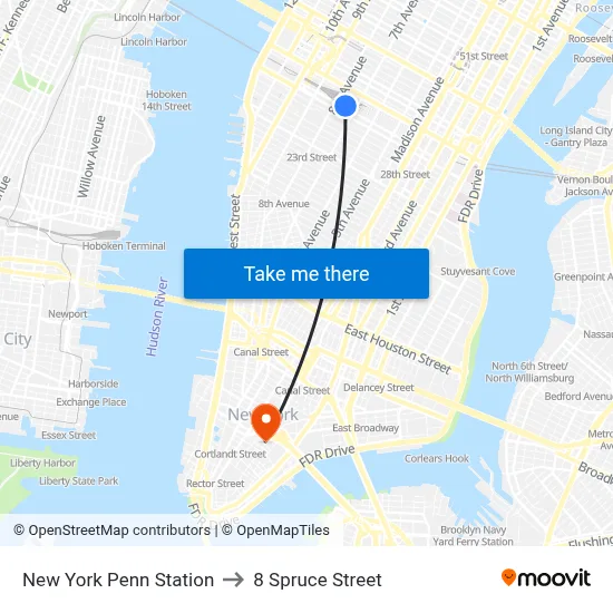 New York Penn Station to 8 Spruce Street map