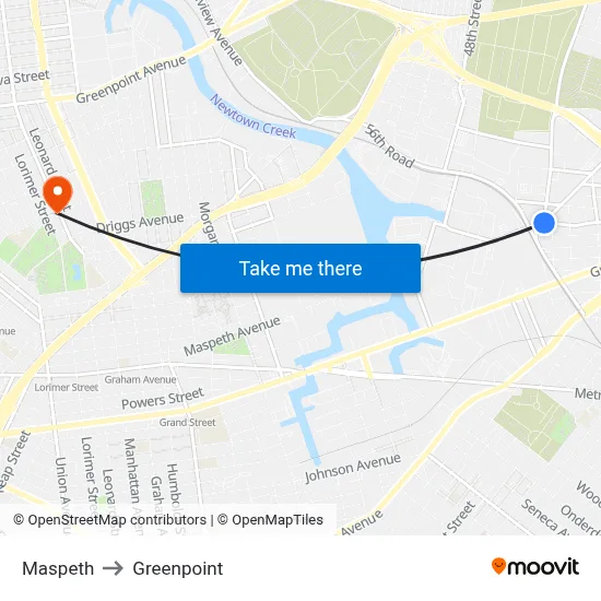 Maspeth to Greenpoint map