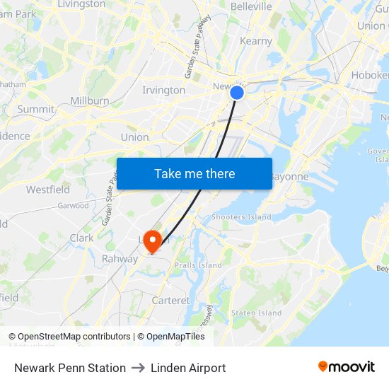 Newark Penn Station to Linden Airport map