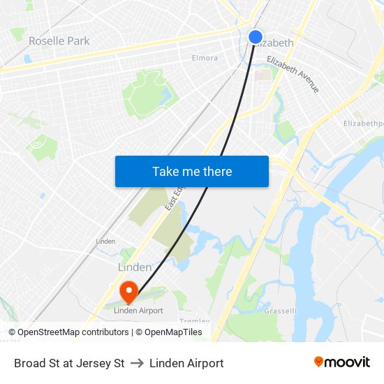 Broad St at Jersey St to Linden Airport map