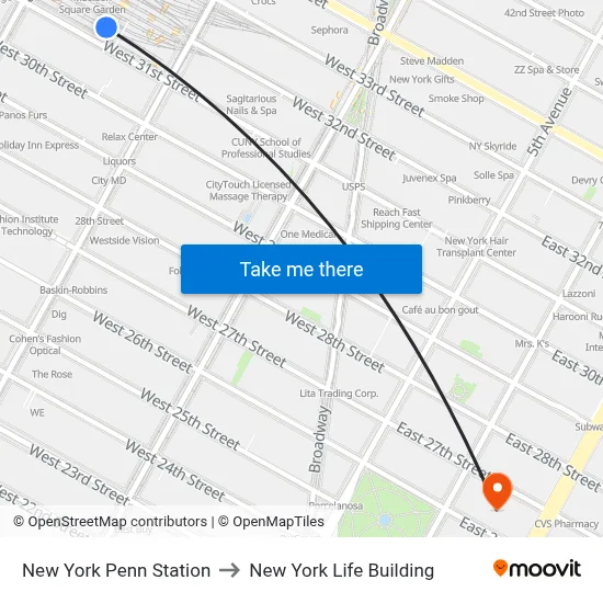 New York Penn Station to New York Life Building map
