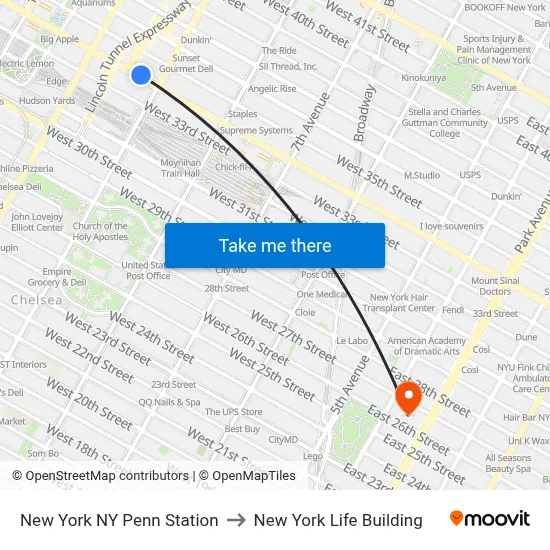 New York NY Penn Station to New York Life Building map