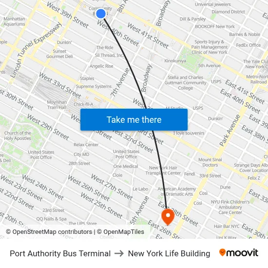 Port Authority Bus Terminal to New York Life Building map